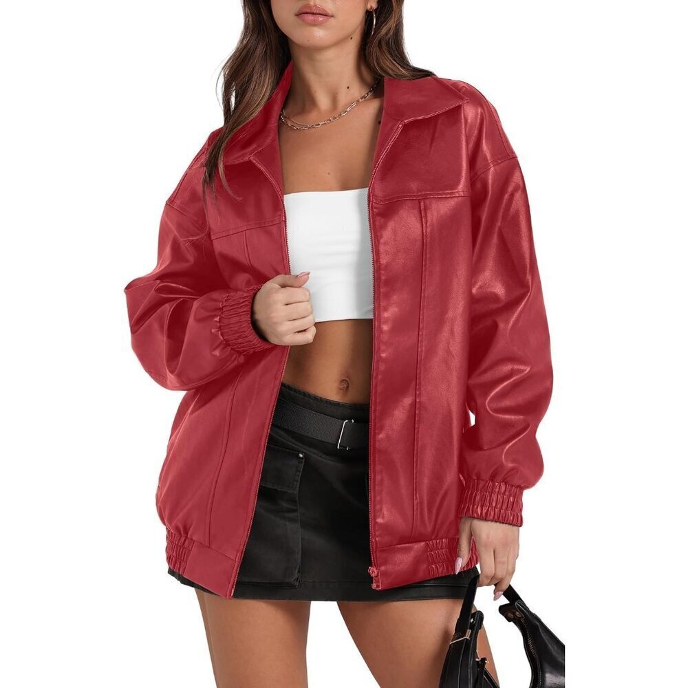 🆕Women Bright Red Faux Leather Oversized Motorcycle Bomber Jacket Coat